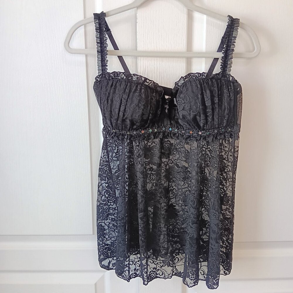 Vintage Fredrick's of Hollywood Women's Black Lace Ruffle Babydoll Top Size L